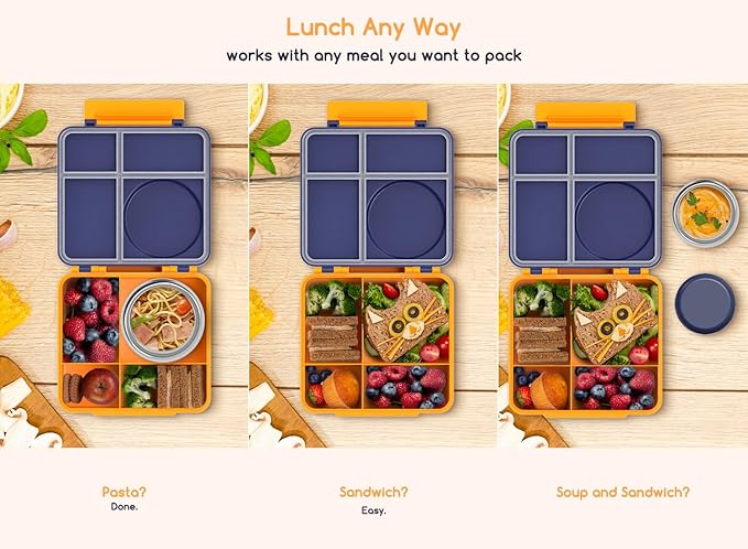 Bento Box for Kids - Leak-Proof Bento Lunch Box with Insulated Thermos Food Jar - 4 Compartments, 1 Removable Divider, 1Spoon, 1 Fork - Dishwasher Safe, BPA-Free (Navy blue)