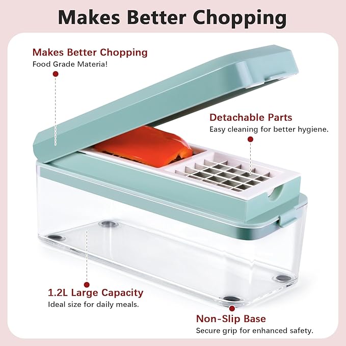 Vegetable Chopper, Onion Dicer, Mandoline Slicer, Food Chopper with Container, Vegetable Cutter for Salad Potato Carrot Garlic（2 Blades, Blue White）