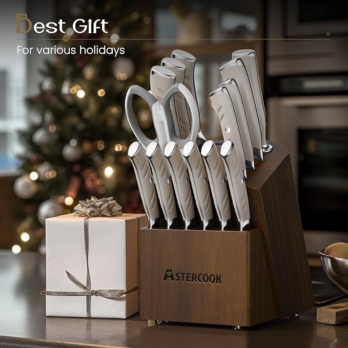 Knife Set, Astercook Kitchen Knife Set with Block, 15 Pcs Luxurious High Carbon German Stainless Steel Knives Set with Full Tang Ergonomic Handle, Dishwasher Safe Knife Block Set with Sharpening Rod