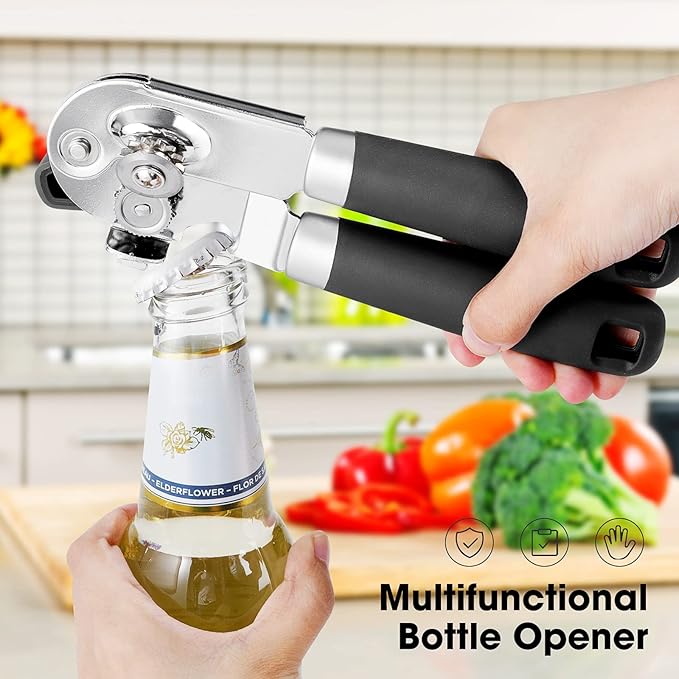 Beneno Heavy Duty Hand Can Opener Manual with Magnet, Durable Sharp Carbon Steel Blade Smooth Cutting, Big Effort-Saving Knob & Soft Grip Handle, Multifunctional Kitchen Tool with Bottle Opener, Black