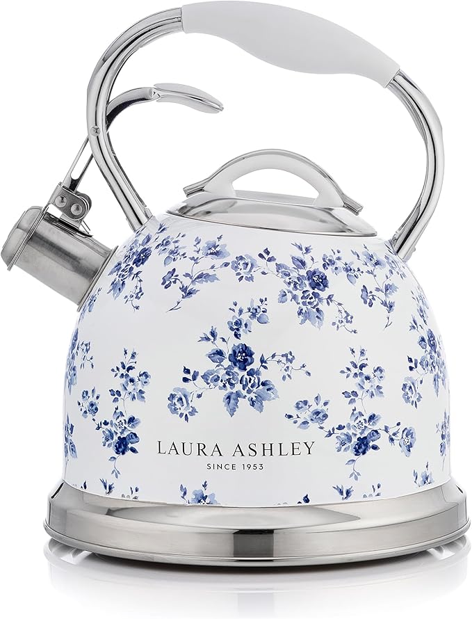 VQ Laura Ashley China Rose 2.5L Stainless Steel Tea Kettle Stovetop Whistling Teapot for Induction, Gas Hob or others. Silicon Coated Cool Handle & Push Button Mechanism Vintage Stove Top Kettle