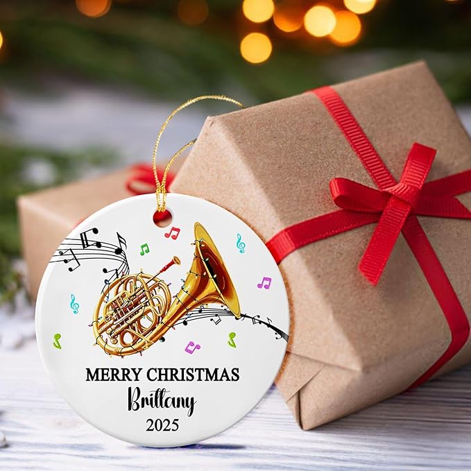 Custom Text Year Name French Horn Player Ceramic Ornament, Personalized French Horn Instrument Xmas Ornaments Gift for Daughter Son Brother Sister, Unique Musical Instrument Lover Christmas Ornament