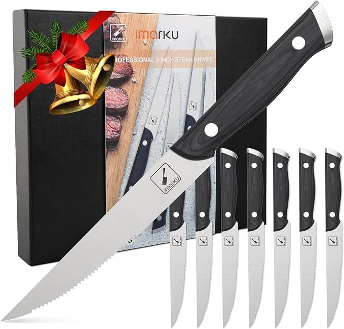 imarku Steak Knives, Steak Knives Set of 8, Serrated Steak Knife Set with Pakkawood Ergonomic Handle, Japanese HC Steel Steak Knife and Gift Box, Best Gift for Christmas&Thanksgiving