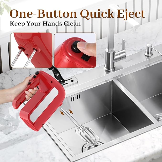 5-Speed Electric Hand Mixer, 800W Handheld Mixer with Turbo for Baking & Cooking, Kitchen Food Mixer with Storage Case & 6 Stainless Steel Attachments (2 Beaters, 2 Dough Hooks, 2 Whisks)-Red