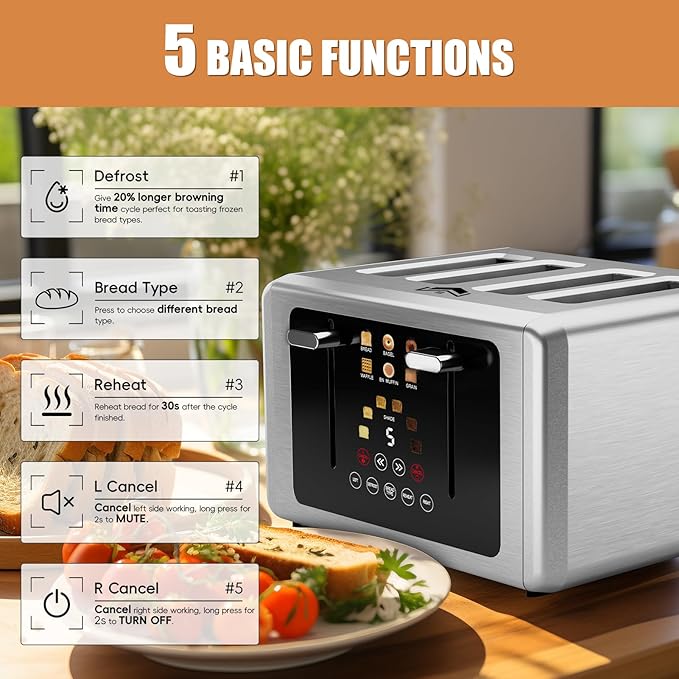 Touch screen Toaster 4 slice,Stainless Steel Digital Timer Toasters with Sound/Screen-Off Function,6 Bread Types & Shade Settings,Smart 1.5 Wide Slots Toaster with Bagel,Defrost,Stainless Steel