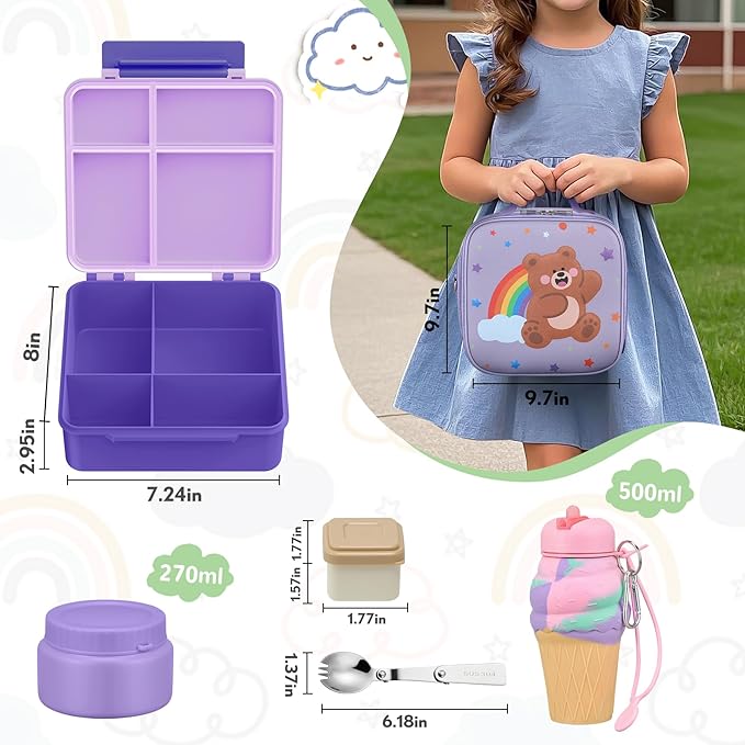 Lunch Box Kids with 5 Compartments, Insulated Food Jar & Utensil & Sauce Container & Lunch Bag & Silicone Collapsible Cup, Leak Proof Bento Box, BPA-Free & Dishwasher Safe-Soft Purple