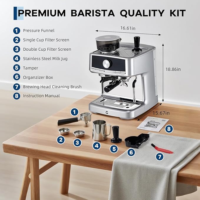 Garvee 20 Bar Pressure Stainless Steel Espresso Machine with Grinder, 1.5L Removable Water Tank, Milk Frother Steam Wand for Latte/Cappuccino - Adjustable Shot Volume, Professional Home/Office Use