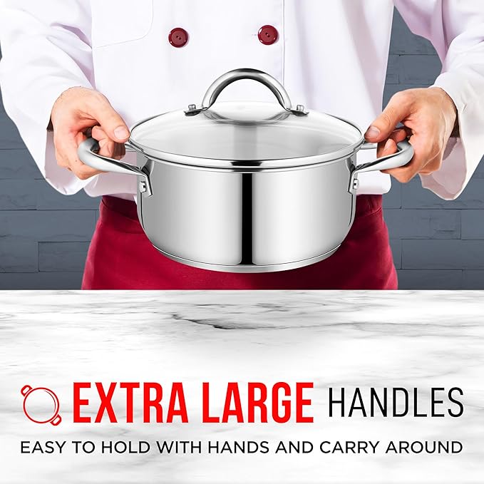 Stainless Steel Stockpot with Tempered Glass Lid 3 Quart, Durable 18/0 Stainless Steel, Impact-Bonded Base for Even Heating, Riveted Handles, Oven & All Stove Compatible, Safe Up To 500°F (260°C)