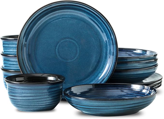 Hasense Ceramic Plates and Bowls Dishes Set, 12 Pieces Handmade Reactive Glaze Dinnerware Set of 4 (Plates, Pasta bowls, Cereal Bowls), Chip and Scratch Resistant Dinner Dishes Service, Blue