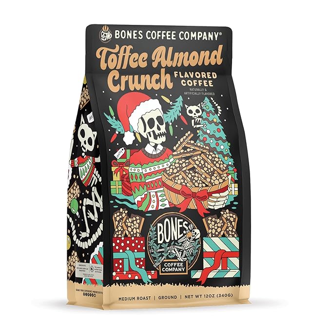 Bones Coffee Company Toffee Almond Crunch, Toffee Almond Flavored Coffee, Medium Roast Low Acid Arabica Beans Compatible with Auto drip and French Press Coffee Maker, 12 Oz Ground