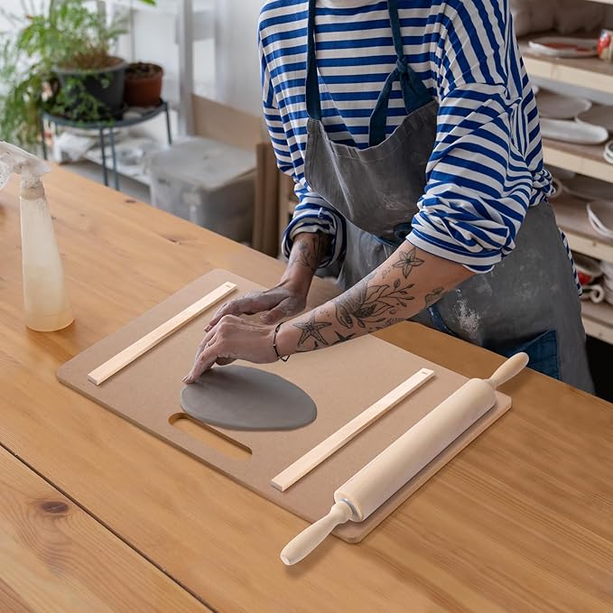 Newtay 12 Pcs Pottery Tools Include 1 Wood Rolling Pin Sculpting Polymer Clay Tools 1 Portable Wedging Board for Pottery with Built in Handle and 10 Pcs 5 Size Pottery Teaching Rolling Mud Stick Guide