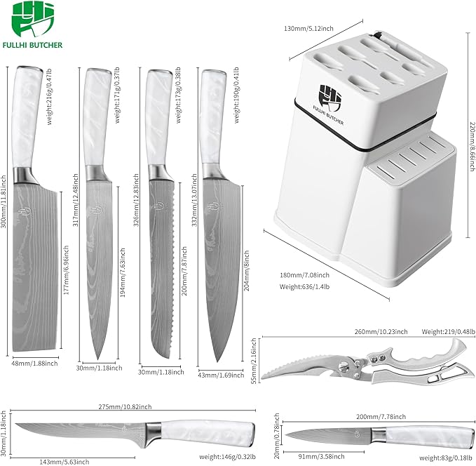 FULLHI 8pcs block Knife Set,chef's Knves Set with Block and Sharpener, Kitchen Knife Set,Multi-colour Handle, Gifts for Men Women