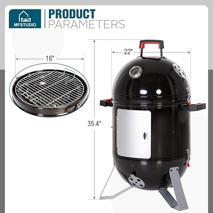 MFSTUDIO 18" Vertical Smoker and BBQ Grill, Pure Porcelain-Enameled Cooker, Heavy Duty Charcoal & Woods Outdoor Grill for Smoker, Black