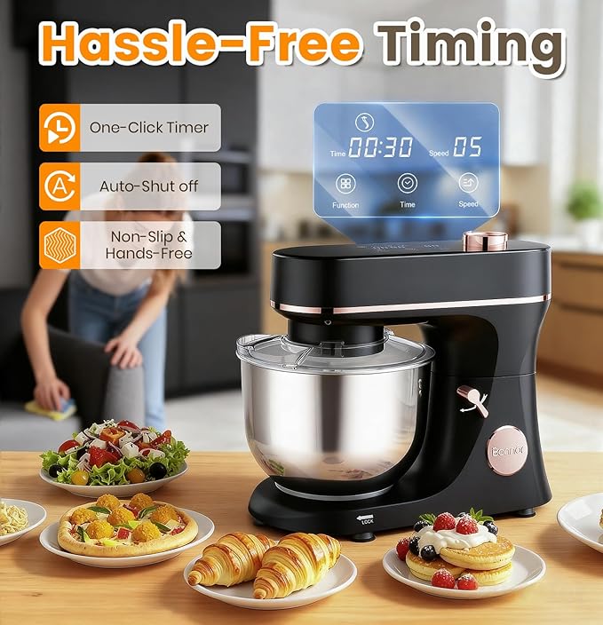 Stand Mixer 6QT Kitchen Mixer with LED Smart Touchscreen, 11-Speed Tilt-Head Mixer with Timer, 4 Preset Menus, Stainless Steel Bowl, Dough Hook, Whisk, Beater,Black