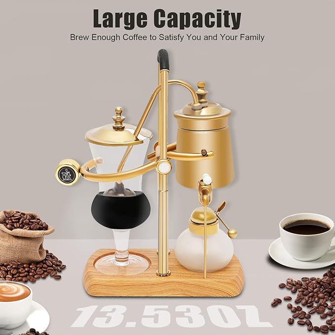 Siphon Coffee Maker, 400ml/13.53oz Manual Extract Coffee and Brew Tea Tool, Belgian/Belgium Retro Coffee Brewer with Alcohol Burner, Commercial/Domestic Balance Vacuum Coffee Pot, 9.3*4.7*14.96in Gold