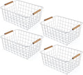 Wire Basket 4 Pcs Wire Storage Baskets Wire Baskets Organizing with Wooden Handles Wire Basket Pantry Organization and Storage Metal Wire Food Storage Basket for Kitchen, Cabinets (White 4PCS)