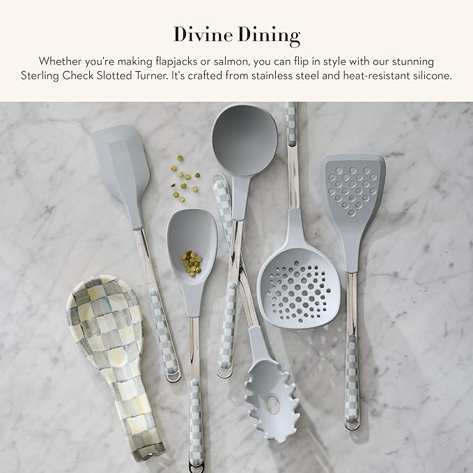 MACKENZIE-CHILDS Slotted Spoon, Silicone Turner for Cooking, Gray-and-White Sterling Check