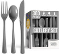 Party Solids Silver Plastic Silverware Heavy Duty 300 Pieces Silver Plastic Cutlery Sets, Utensil Sets, 100 Of Each Forks, Knives & Spoons Disposable Cutlery Set, Flatware Set For Party Supplies