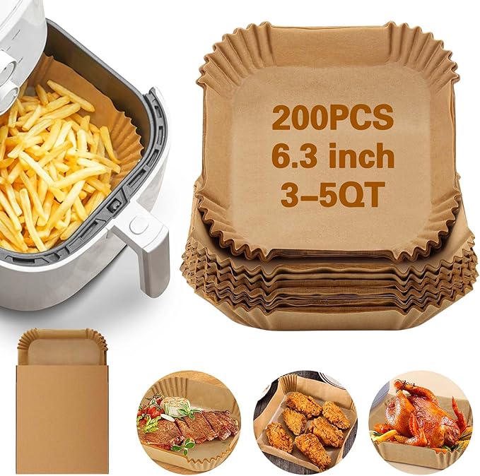 200Pcs Air Fryer Paper Liners, 6.3 Inch Square Disposable Air Fryer Liner, Non-stick Parchment Paper for Frying Baking Roasting Microwave Oven