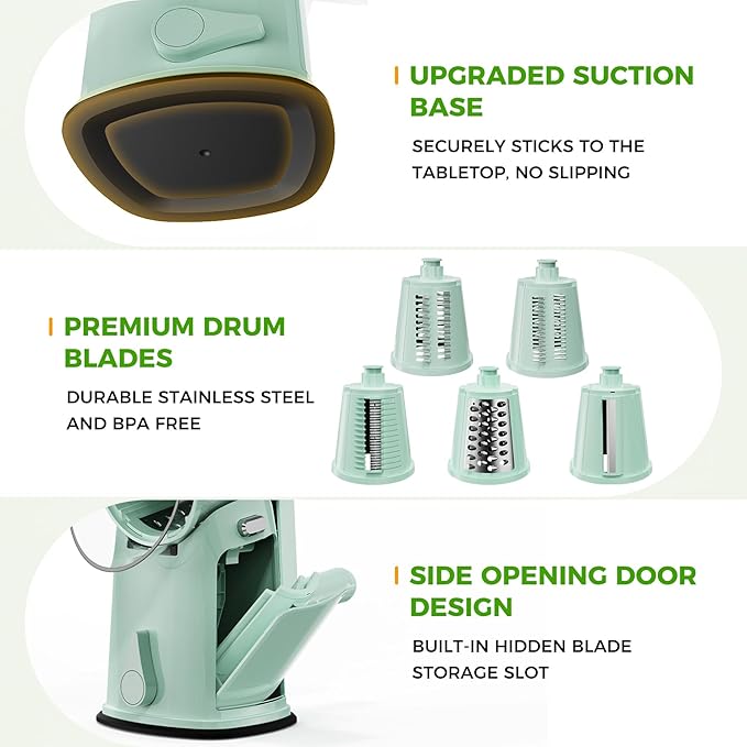 7 IN 1 Upgraded Rotary Cheese Grater with Handle – Vegetable Shredder with Built-in Storage Blade Slot, 5 Versatile Blades, Strong Suction Base Round Mandoline Slicer, Food Chopper for Kitchen
