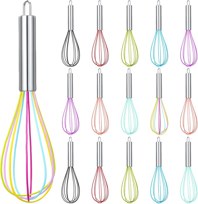 Domensi 16 Pcs 8 Inch Whisks Bulk for Cooking Silicone Whisks Non Scratch Stainless Steel Hand Coated Metal Heat Resistant Egg Beaters for Classroom Cook Party Favor Gift Supplies