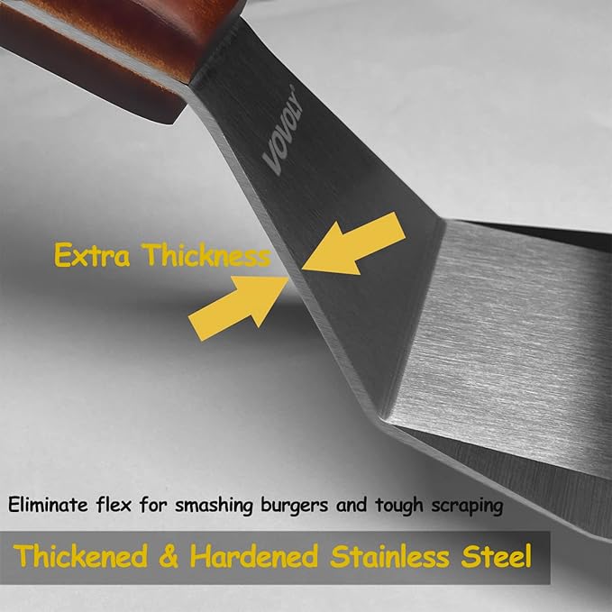 Professional Metal Spatula for Cast Iron Skillets and Flat Top Grills, Full Tang Wooden Handle,1.8mm Thick Stainless Steel Blade, Smash Burger Spatula Turner for Flipper, Cooking, BBQ, 4.7 x 2.7 Inch