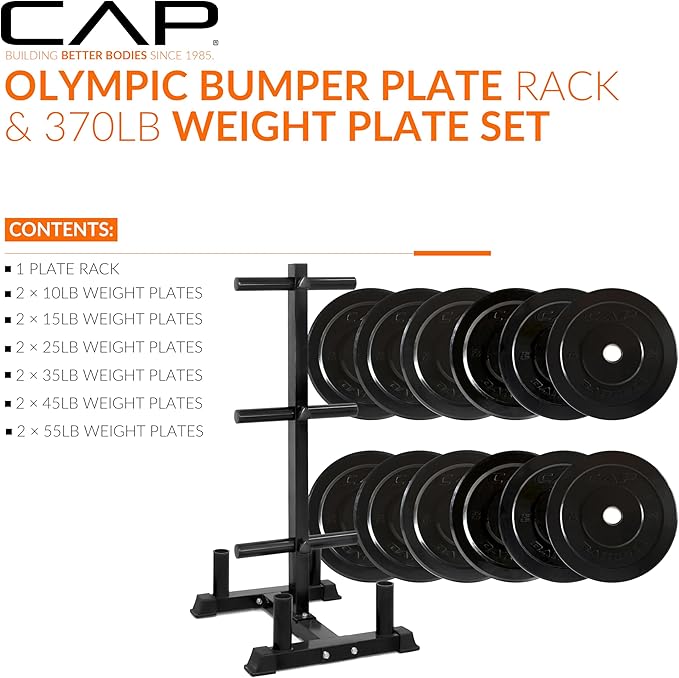 CAP Barbell 2-Inch Olympic Bumper Plate Weight Set with 6 Post Rack | 100-370 lbs | Multiple Options