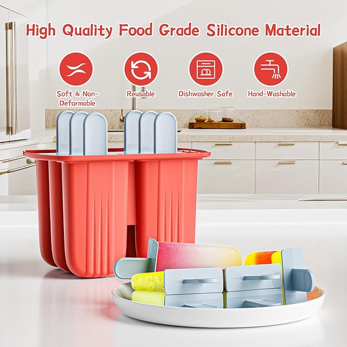 6 Pieces Silicone Popsicle Molds,Easy-Release BPA-Free,Ice Pop Mold Ice Cream Molds For Kids,With 6 PCS Plastic Stick+Cleaning Brush(Red)