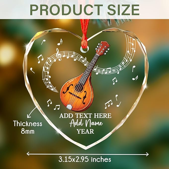 Custom Mandolin Christmas Glass Ornament 2025, Personalized Mandolin Player Xmas Ornament with Text Name & Year, Musical Instrument Christmas Tree Ornaments, Gift for Men Women Mandolinist