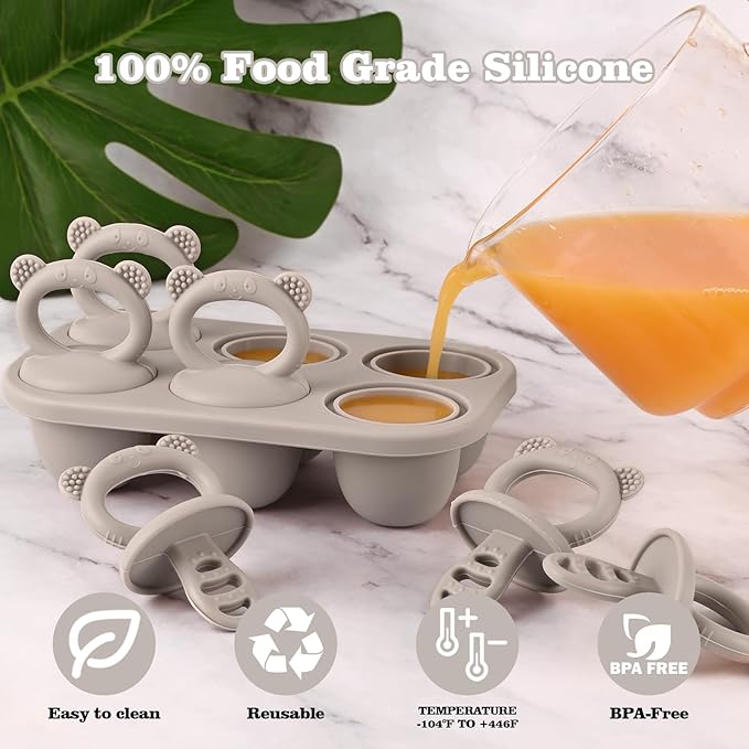 WMKGG Baby Popsicle Molds, Breastmilk Popsicle Molds for Teething Relief with Sticks, Baby Food Freezer Tray, Storage Container for Homemade Food(Grey)