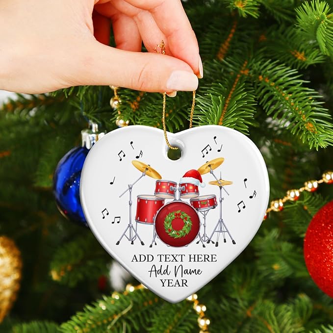 Personalized Drum Set Christmas Ceramic Ornaments 2025, Drummer Christmas Ornament for Men Women, Drum Xmas Tree Ornament with Custom Text Name & Year, Xmas Decor Gift for Drummer Band Music