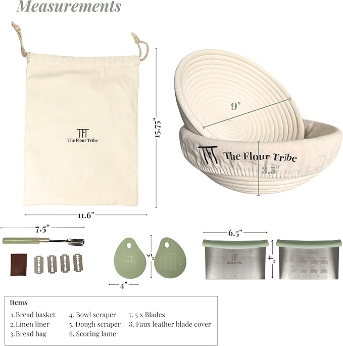 Banneton Bread Proofing Basket Set: Sourdough Starter Kit - 9 inch Round Rattan bowl, Scoring lame, dough scraper, bread bag, Sourdough Bread Baking Supplies Tools - Baking gift set