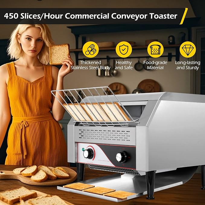 Dyna-Living Commercial Toaster 450 Slices/H Restaurant Toasters 110V 2600W Conveyor Rotating Toaster Oven Commercial Belt Toasters Hamburger Bread Bun Toaster for Restaurant