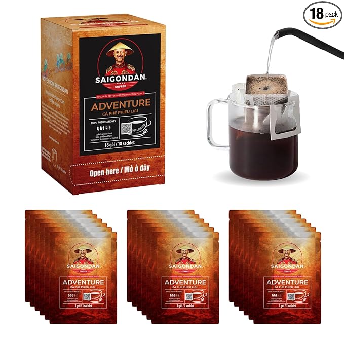 Pour Over Vietnamese Coffee – Saigondan Adventure | Espresso Robusta | 100% Robusta | Instant Specialty Coffee | Small Batch Roasted | Direct Trade | Naturally Sweet | 18 Sachets