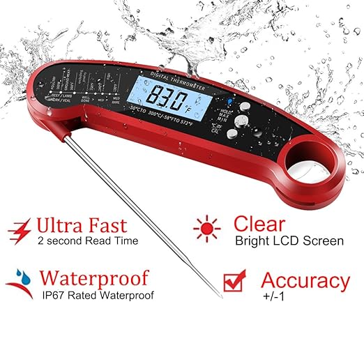 Cooking Thermometer,IP67 Waterproof Digital Meat Thermometer with Backlight, Calibration & Hold Function，Food Thermometer for Cooking,Outdoor Grilling,Candy Making