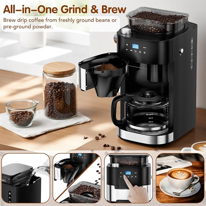 Joy Pebble 10-Cup Drip Coffee Maker with Built-In Grind, Grind & Brew, Touch-Screen Control, 1.5L Large Water Tank & Keep Warm Plate