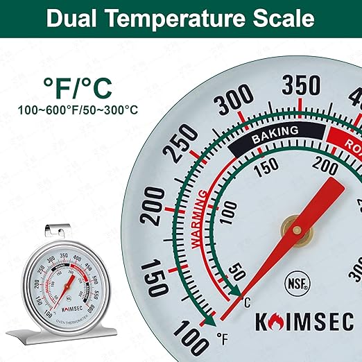 Oven Thermometer for Temperature Gauge, Safe for Inside Gas/Electric/Grill Smoker, Analog Dial Stainless Steel Oven Thermometers with Large Hanger & Base for Instant Reading in Cooking Baking