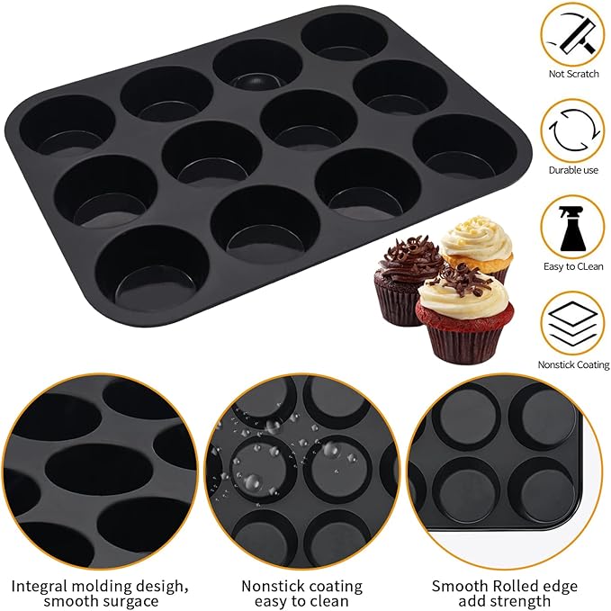 Silicone Muffin Pan Set,2 Pcs 2.8" 12 Cups Egg Bite Mold,Non-Stick,Easy Release,For Egg Muffins, Cupcakes, Large Muffins,Pizza Muffins,Cheesecakes(Black + Red)
