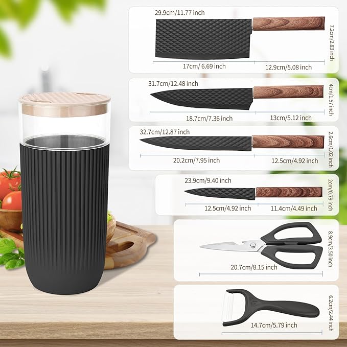Knife Set, 7-Piece Kitchen Knife Set with Sharp Chef and Meat Knives, Anti-Rust Utility Knives Set for Kitchen, Kitchen Knife Block Set – Black