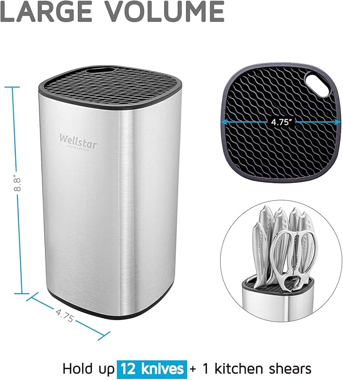 WELLSTAR Universal Knife Block Holder, Stainless Steel Knife Stand Without Knives, Safe Space Saver Large Volume Stable Knife Storage with Scissors Slot, Detachable for Easy Cleaning - Square