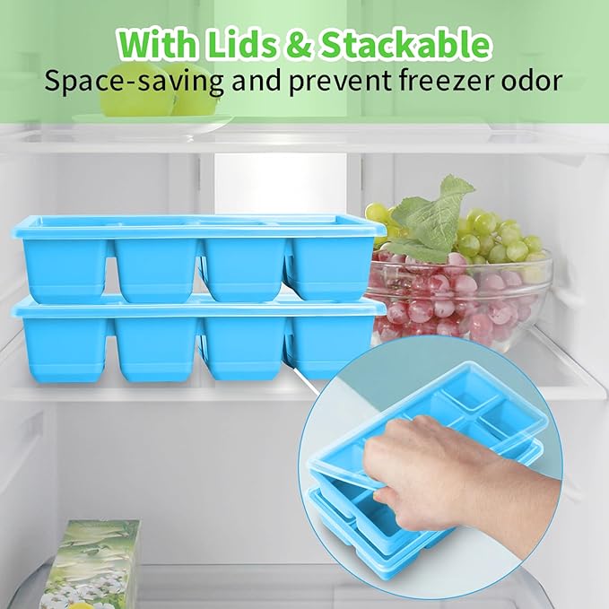 Large Ice Cube Molds 2 Pack, FURNSII Silicone Ice Cube Tray for Freezer with Lid, 8 Giant Square Cubes, Easy Release Stackable Ice Molds for Whisky Cocktails (Black)