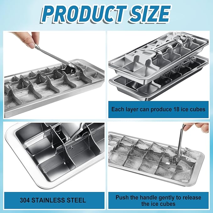 2 Pcs 18 Slot Stainless Steel Ice Cube Maker and Tray Ice Cube Tray for Bars Kitchens Levers Remove Cubes Easy Removal Metal Food Grade Freezer Molds for Food Juice Dishwasher Safe