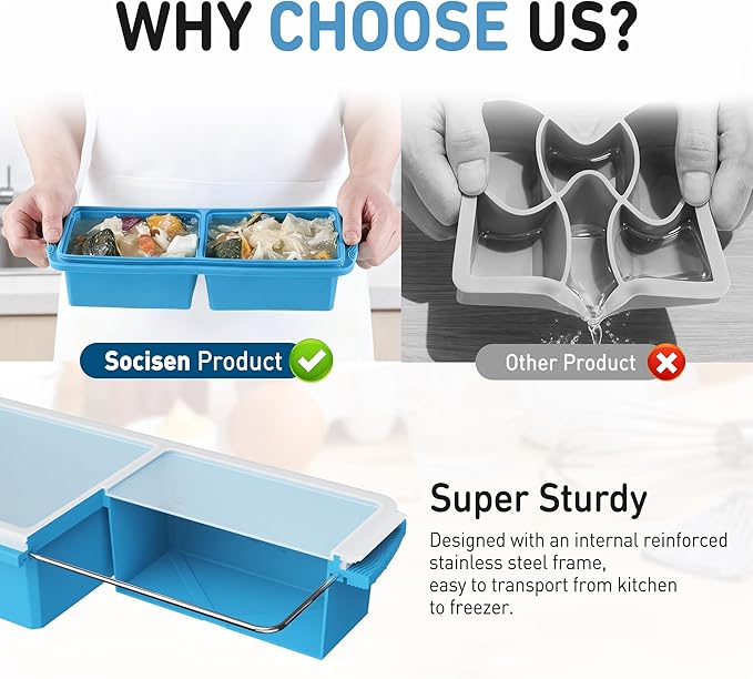 Silicone Freezer Tray with Lid Soup Freezer Container Molds with Steel Reinforced Rim Ice Cube Freezer Molds for Soup, Sauce, Leftovers, Homemade Meal Prep Containers Food Prep Home Essentials