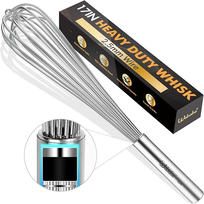 Webake Commercial Whisk Heavy Duty 17in Large Whisk, 304 Stainless Steel Whisks for Mixing, Beating, Blending, Professional Kitchen Tools