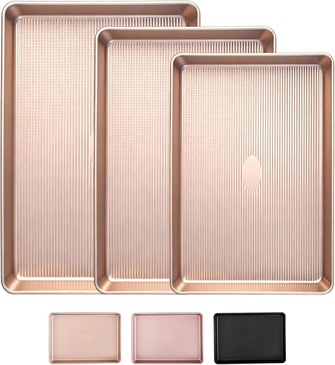 Nonstick Baking Sheet Pan Set of 3, Heavy Duty Cookie Sheets for Oven with Stripe Texture Pattern, 0.6mm Thick Quarter/Half/Jelly Roll Pans, Rust-Resistant & Easy Clean (Champagne Gold)