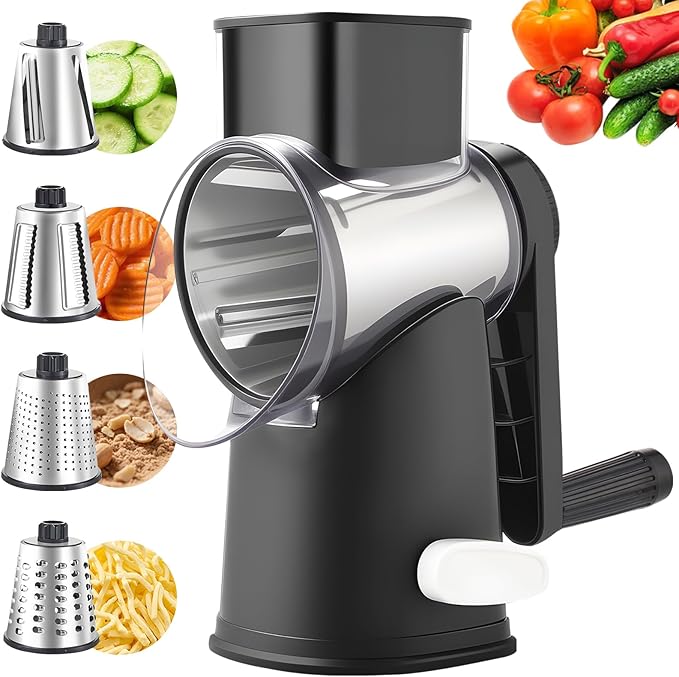 Rotary Cheese Graters with 4 Blades, Hand Crank Cheese Grater with Waffle Slicer, Red, Black and White Cheese Shredder with Suction Base, Easier for Shredding & Grating (Black, 4 Graters)