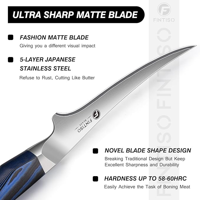 FINTISO 7 Inch Fillet Knife, Professional Meat Boning Knives for in 5-Layer 10Cr15CoMoV Japanese Stainless Steel, Ultra Sharp Fish Knife with Ergonomic G10 Handle for Slicing and Skinning