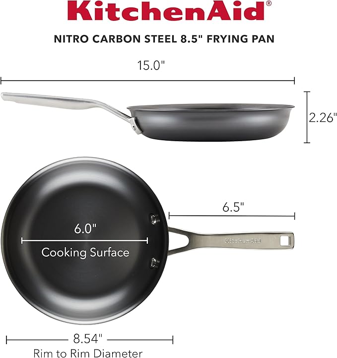 KitchenAid NITRO Carbon Steel Frying Pan/Skillet, Stainless Steel Handle, Compatible with All Cooktops, 8.5 Inch Open Fry Pan - Black