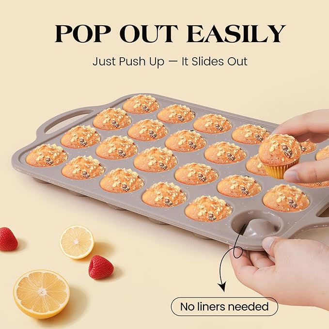 Vinino Mini Silicone Muffin Pans for Baking with Metal Reinforced Frame, 24 Cups Brown Regular Size Nonstick Cupcake Pan, BPA Free Oven Dishwasher Safe Baking Mold for Muffins Cupcakes