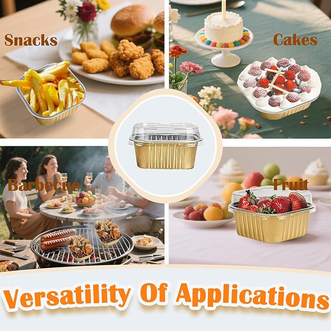 50 Pcs Mini Square Baking Cups with Lids,10oz Aluminum Foil Mini Cake Pans with Lids,Disposable Ramekins Cake Pans,300ml Dessert Cups Cupcake Pans for Wedding Birthday Party,Gold